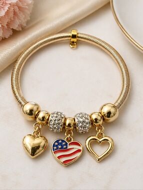 Kids Gold Charm Bracelet | Double Heart & USA Flag Charm Bracelet